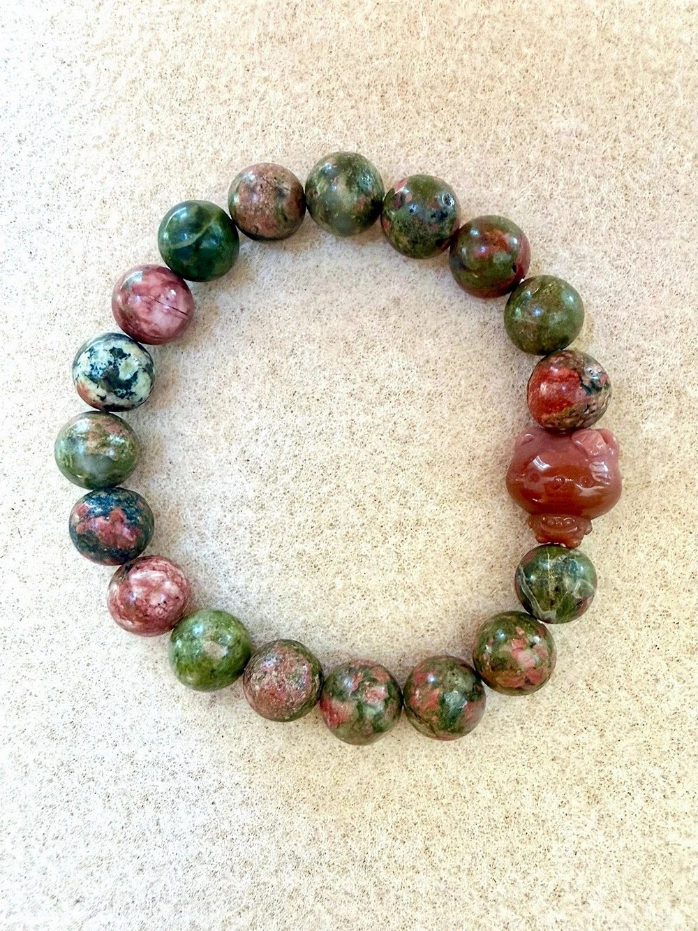 Unakite Jasper Beaded Stretchy Bracelet with Cat Charm